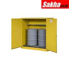 Justrite Sure-Grip® EX Vertical Drum Safety Cabinet And Drum Rollers 110 Gallon 2 Self-Close Doors, Yellow