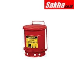 Justrite Oily Waste Can 6 Gallon, Foot-Operated Self-Closing Cover, Red