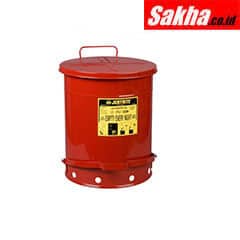 Justrite Oily Waste Can 14 Gallon, Foot-Operated Self-Closing Cover, Red