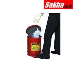 Justrite Oily Waste Can 6 Gallon, Foot-Operated Self-Closing SoundGard™ Cover, Red