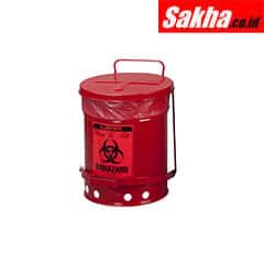 Justrite Biohazard Waste Can 6 Gallon, Foot-Operated Self-Closing Cover, Red
