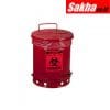 Justrite Biohazard Waste Can 10 Gallon, Foot-Operated Self-Closing Cover, Red