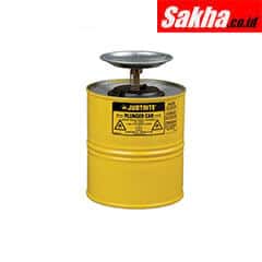 Justrite Plunger Dispensing Can, 1 Gallon, Perforated Pan Screen Serves As Flame Arrester, Steel, Yellow
