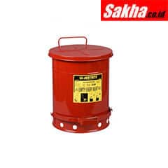Justrite Oily Waste Can 10 Gallon, Foot-Operated Self-Closing Cover, Red